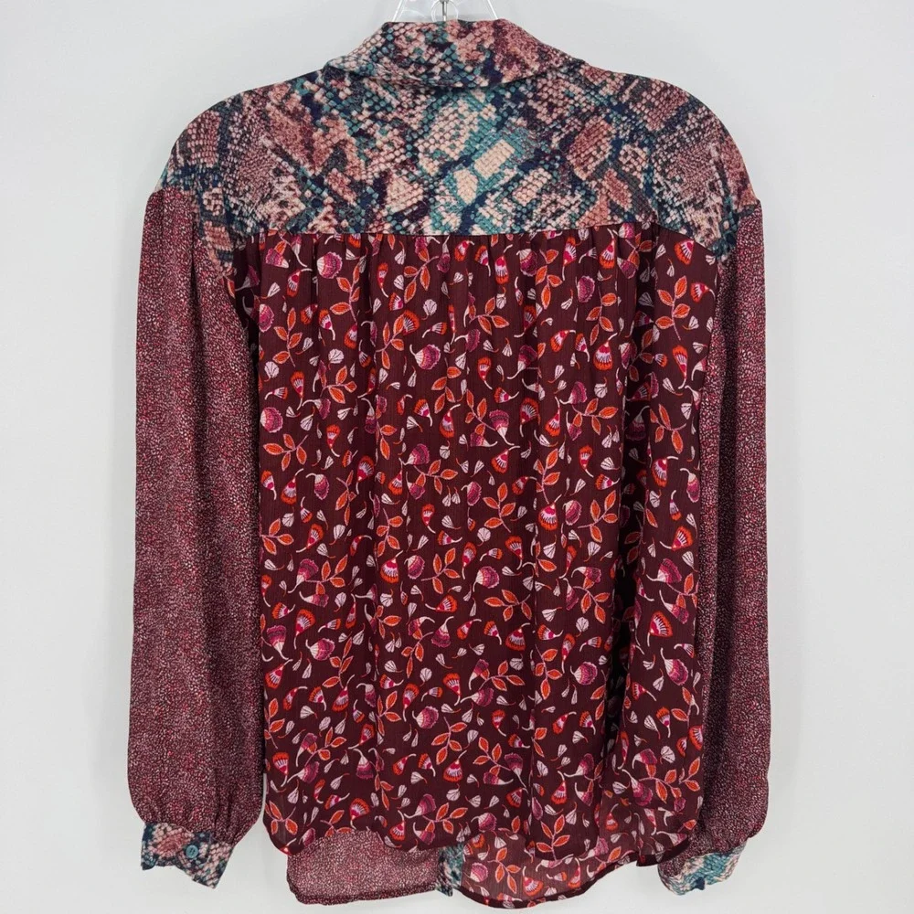 DEAR‎ JOHN Womens Multicolor Patchwork Snake Print Floral Button Up Shirt Size L